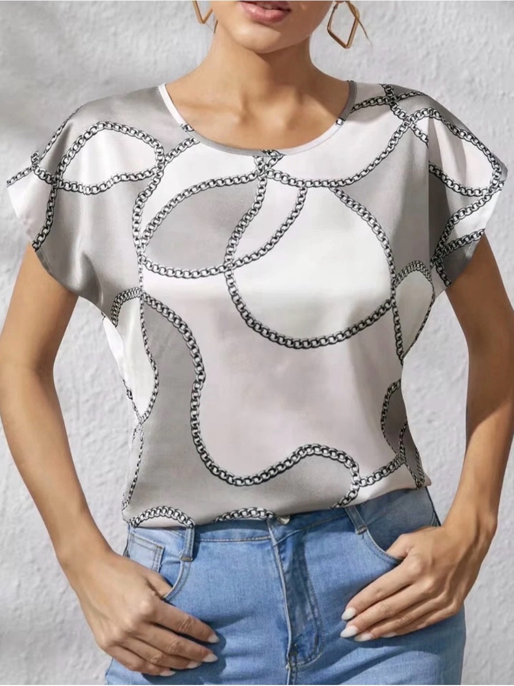 SHEIN Clasi Batwing Sleeve Chain Print Satin Top Size L